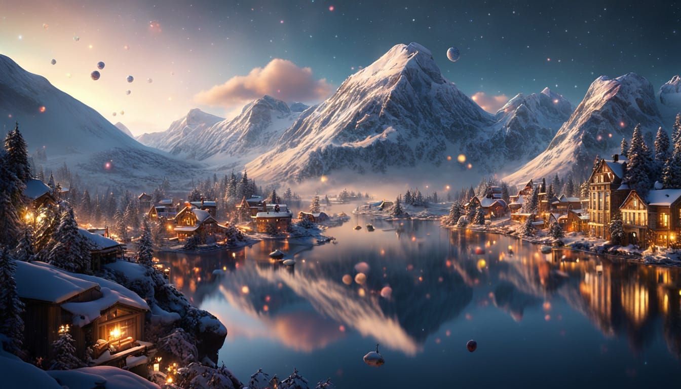 Surreal Winter Wonderland under Rainbow-Lit Skies