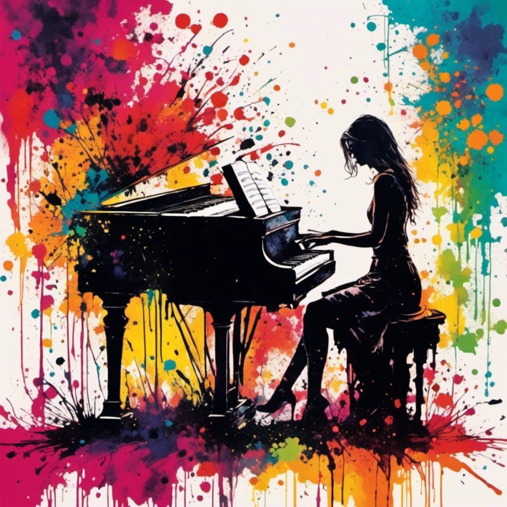 Silhouette of Woman Playing Piano in Vibrant Colors