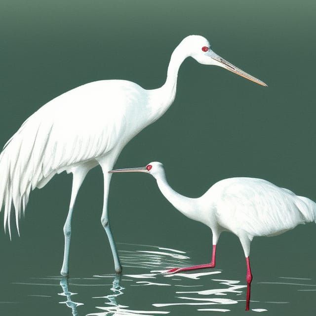 White Crane Hunting in Shallow Water, Digital Art