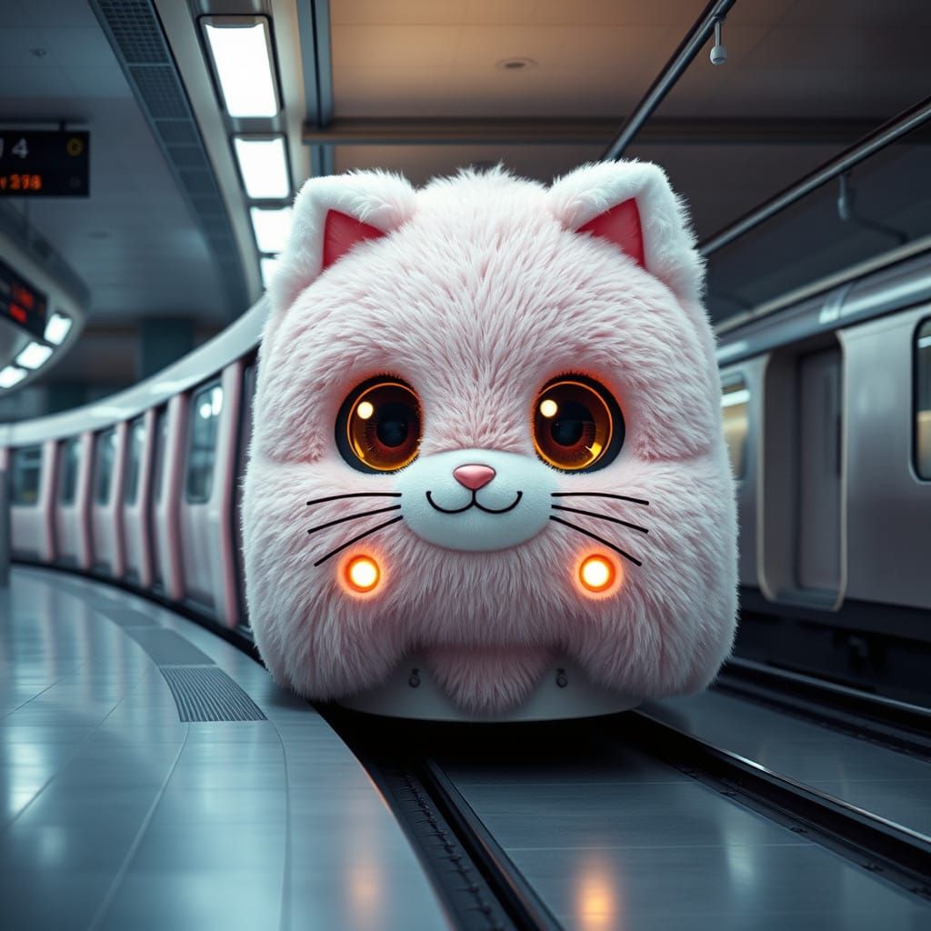 Kawaii Cat Subway Train in Pastel Hues with Glowing Eyes