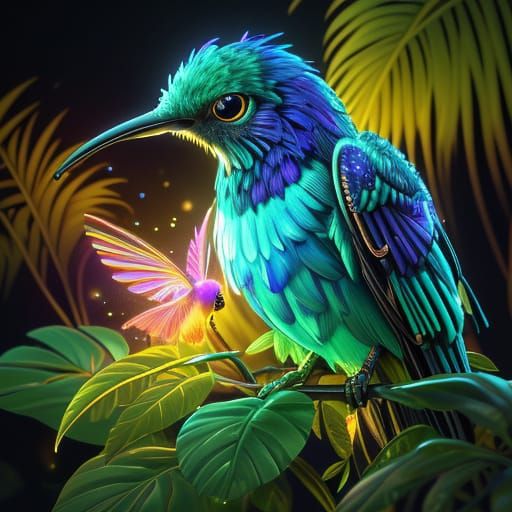Ethereal Bioluminescent Hummingbird in Mystical Rainforest