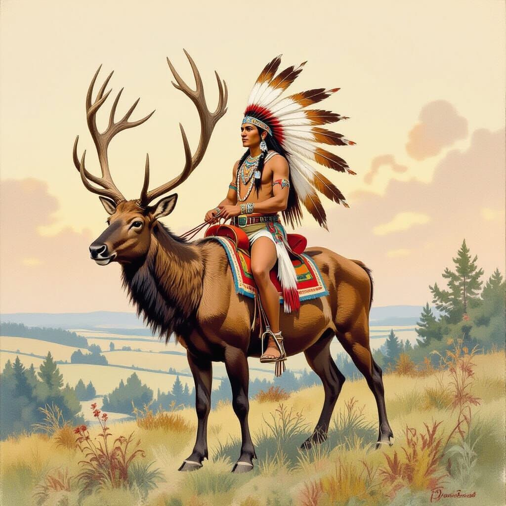 Native American on Winged Stag in Dreamy Landscape
