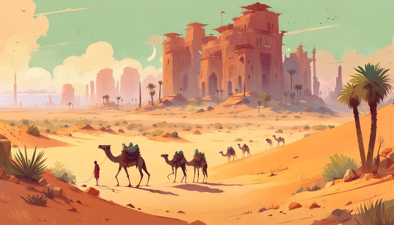 Lush Desert Oasis Caravan Amidst Ancient Ruins