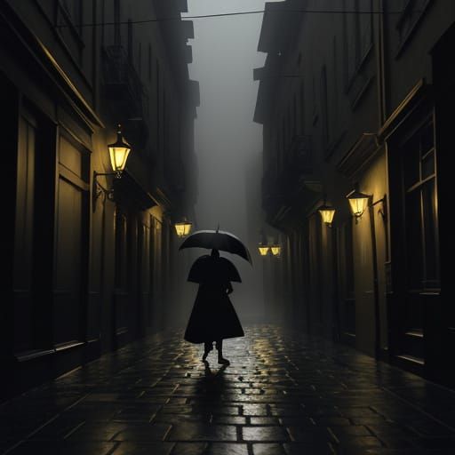 Film Noir Figure Walking Misty Cobblestone Street