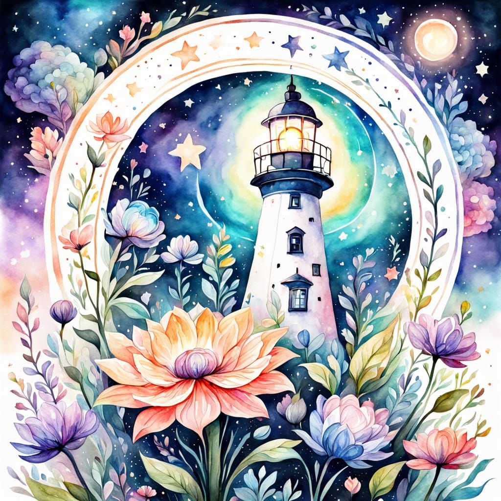 Fantasy Floral Lighthouse in Space Watercolor