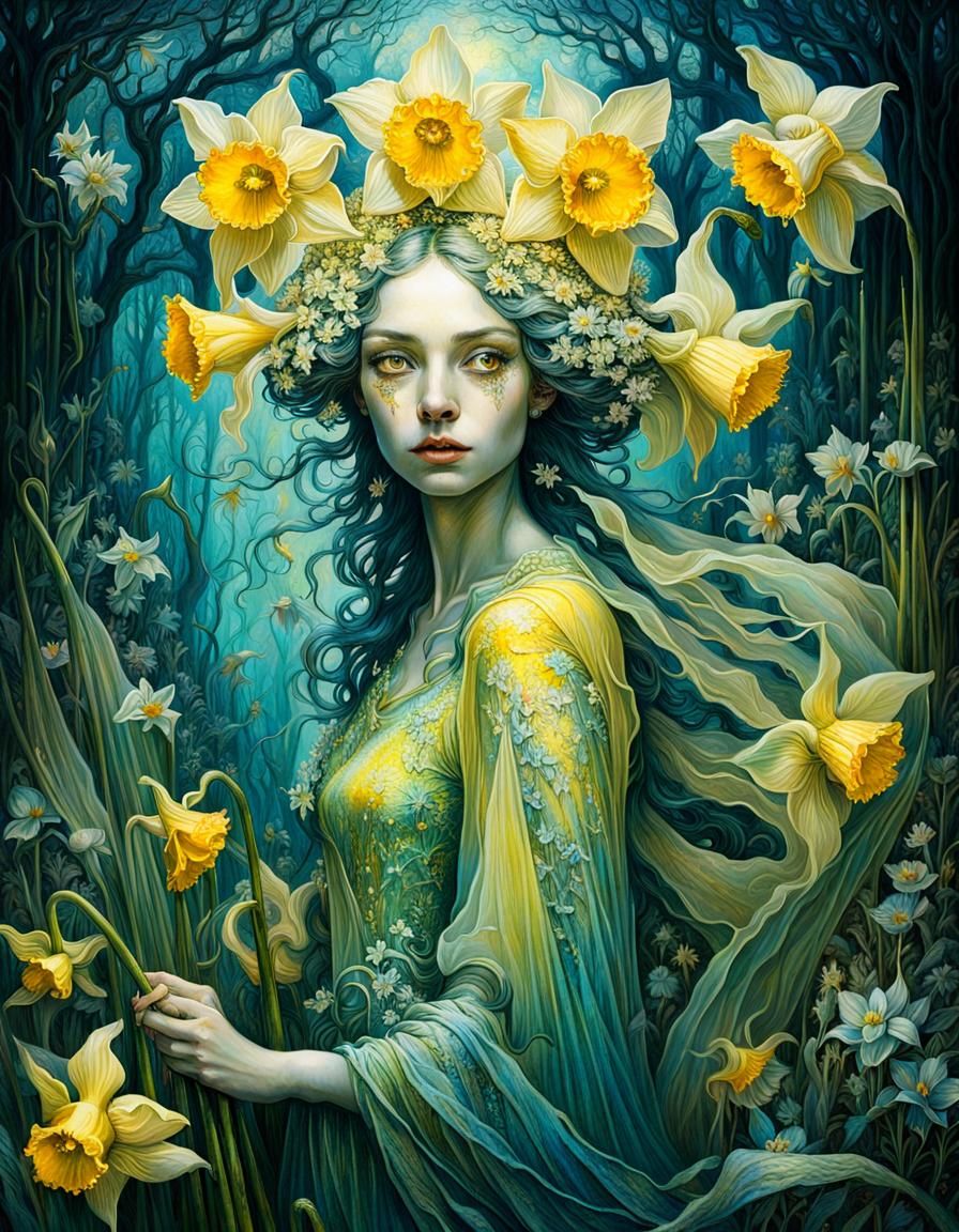 Daffodil Fairy Queen in Surreal Maximalist Style