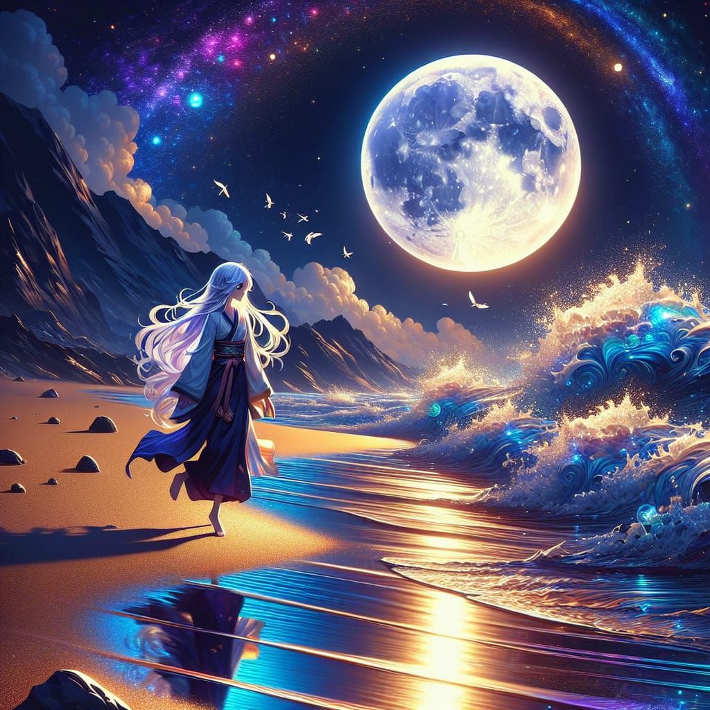Anime Woman Strolls Beach at Midnight in Matte Finish