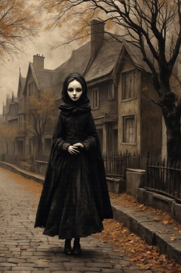 Melancholy Girl in Autumnal Street as Oil Painting