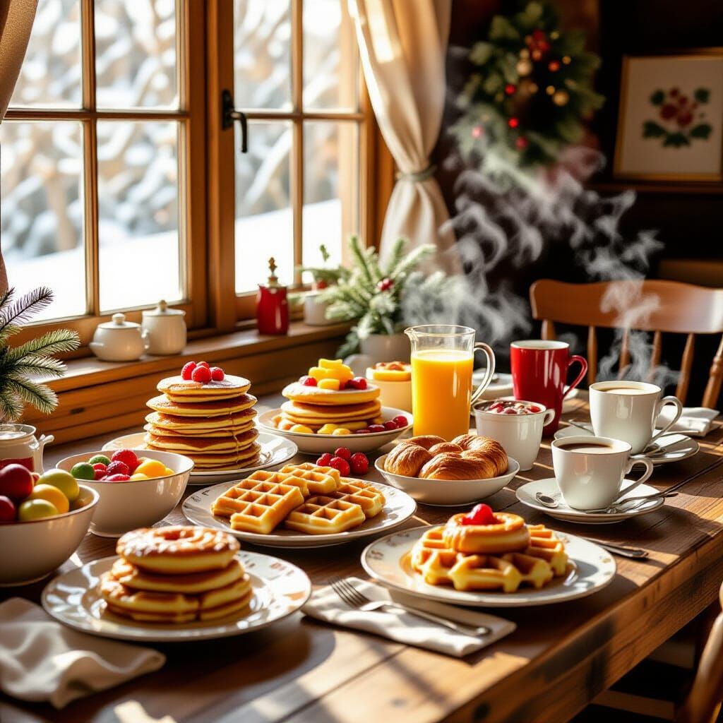 Christmas Morning Breakfast Spread in Cozy Illustrative Styl...