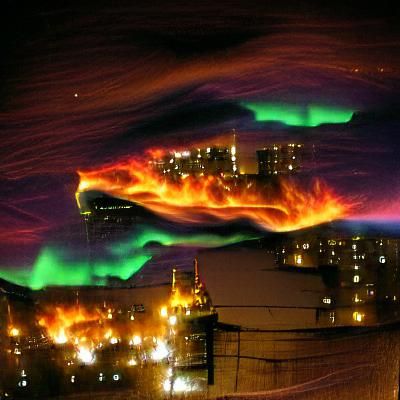 Aurora Borealis Over Burning Cityscape