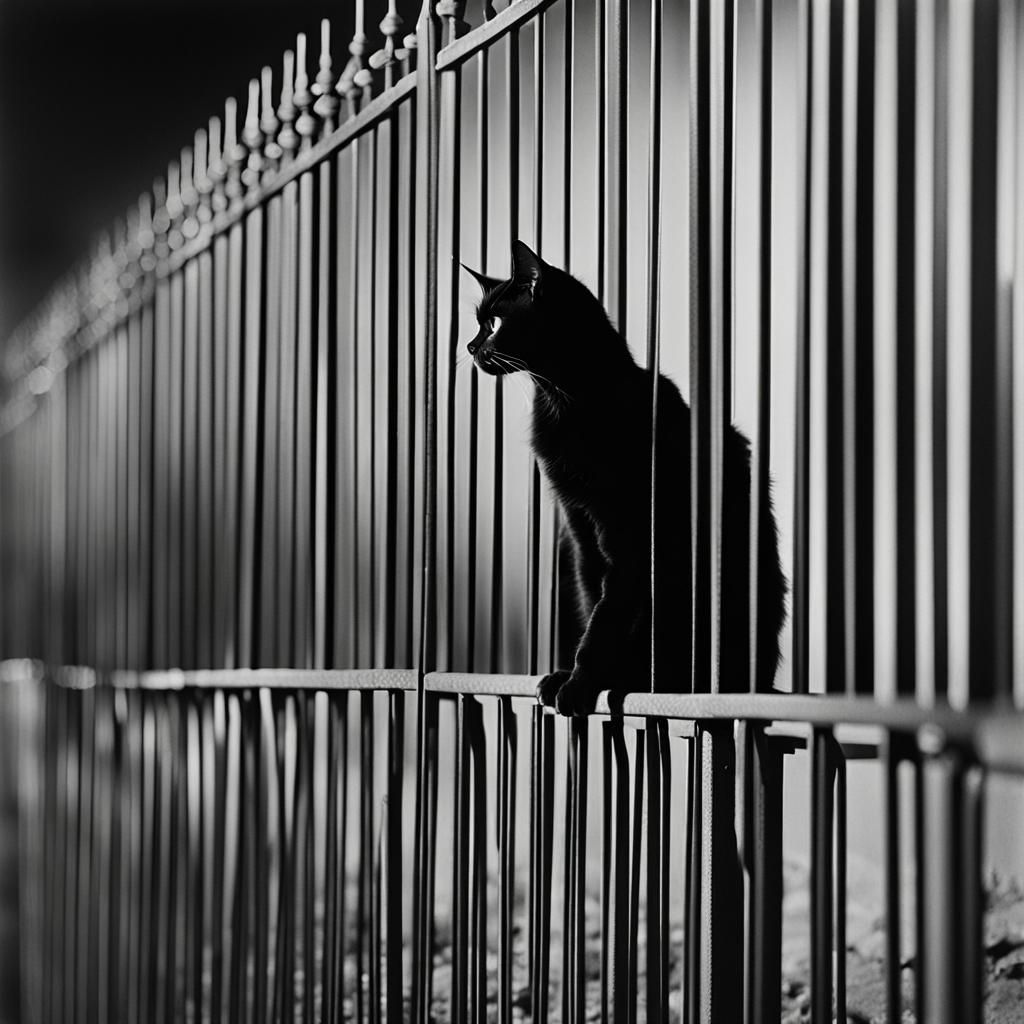 Hyperrealistic Cat on Fence at Night