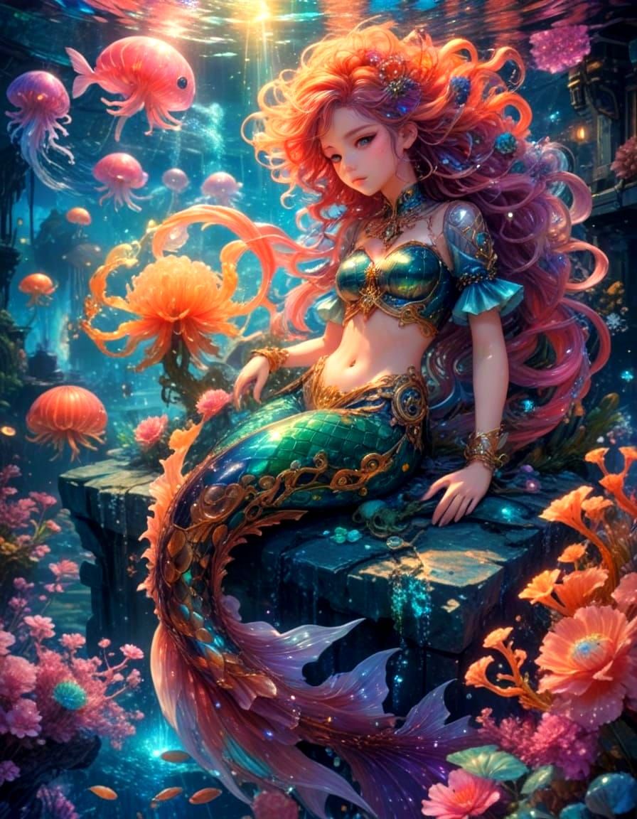 Glowing Cosmic Mermaid in a Vibrant Stained Glass Universe