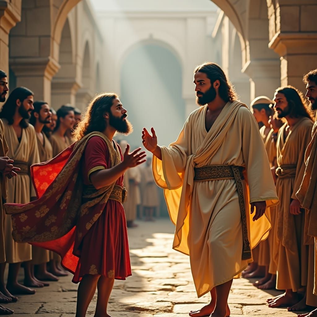 Jesus and the Rich Young Man in Medieval Fresco Style