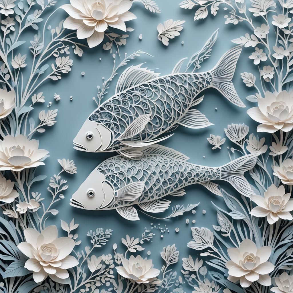 Surreal Underwater Scene with Paper-Cut Fish