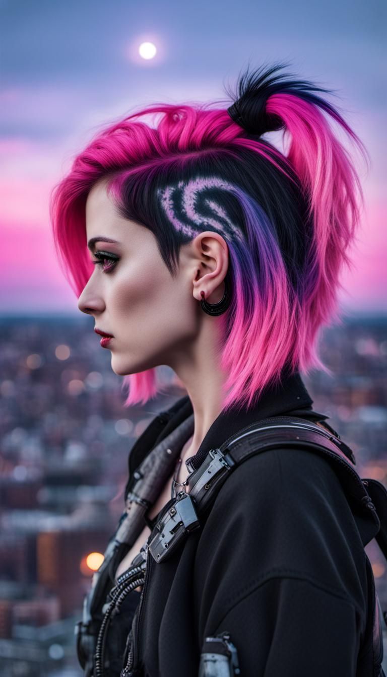 Cyberpunk Woman with Split Dye Hair at Dawn