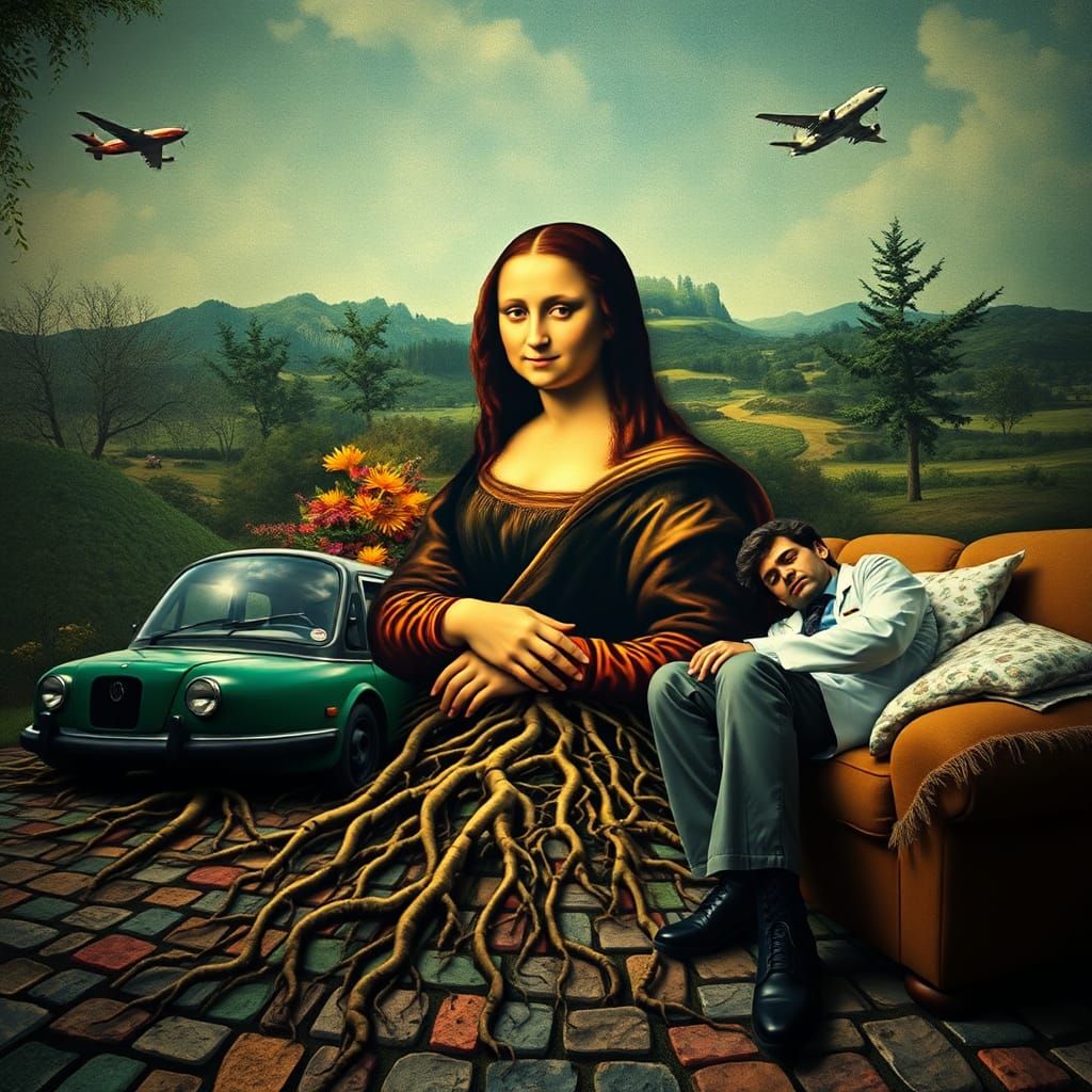 Hyperrealistic Mona Lisa with Doctor and Flying Car