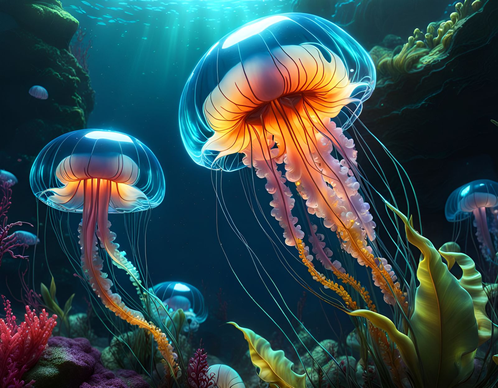 Glowing Jellyfish in an Underwater Fantasy Landscape