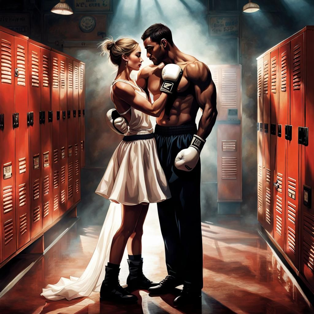 Boxer's Embrace: A Hyperrealistic Locker Room Scene