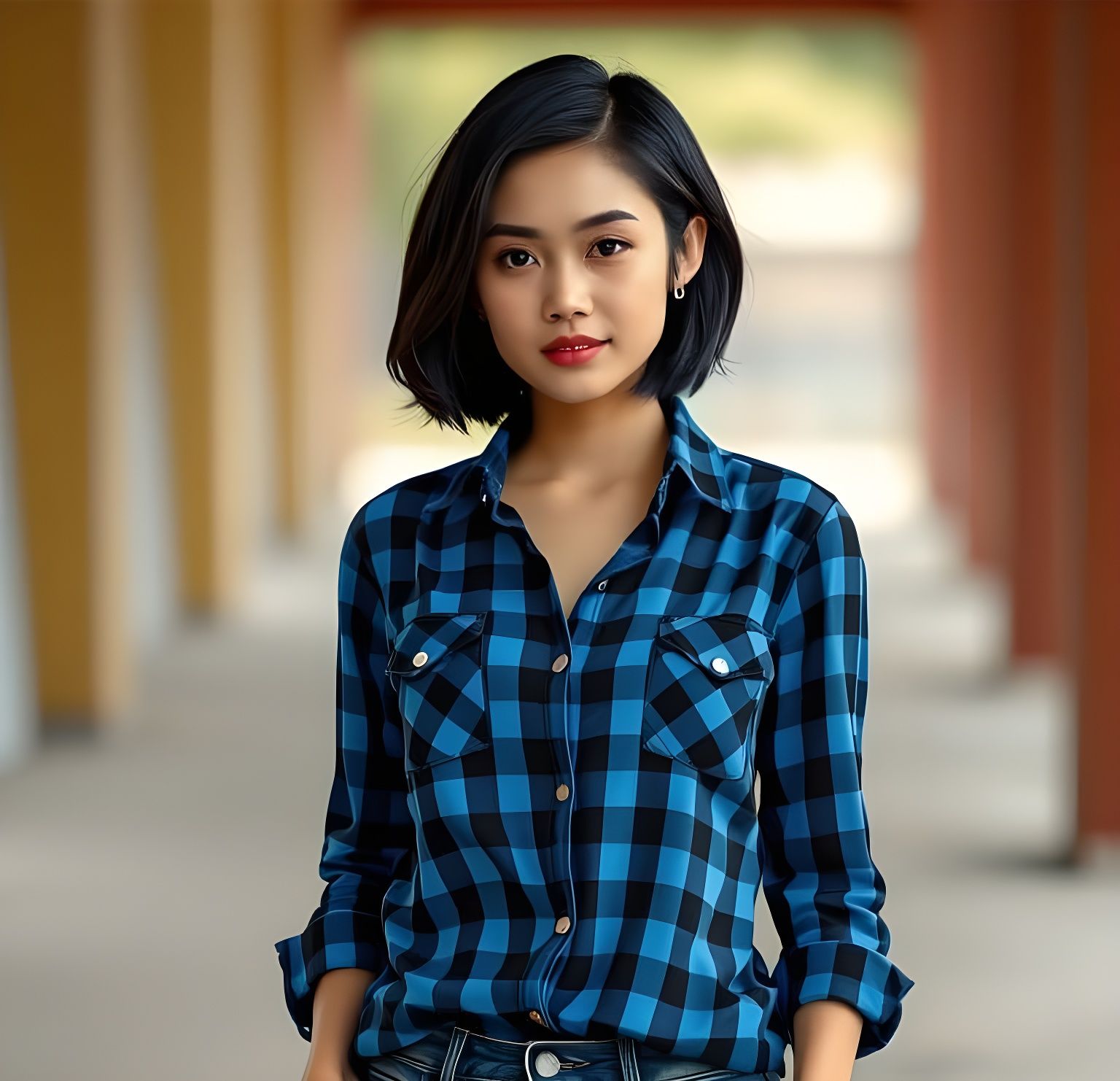 Thai Woman in Gingham Shirt and Jeans
