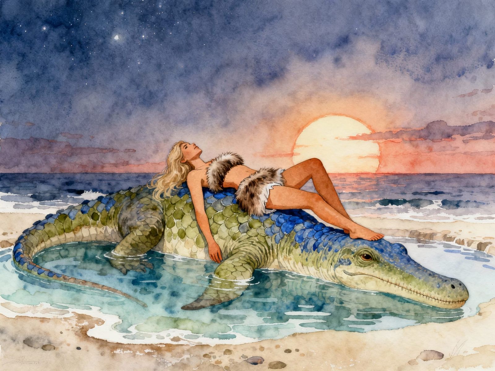 Woman Lounging on Elasmosaur in Tide Pool