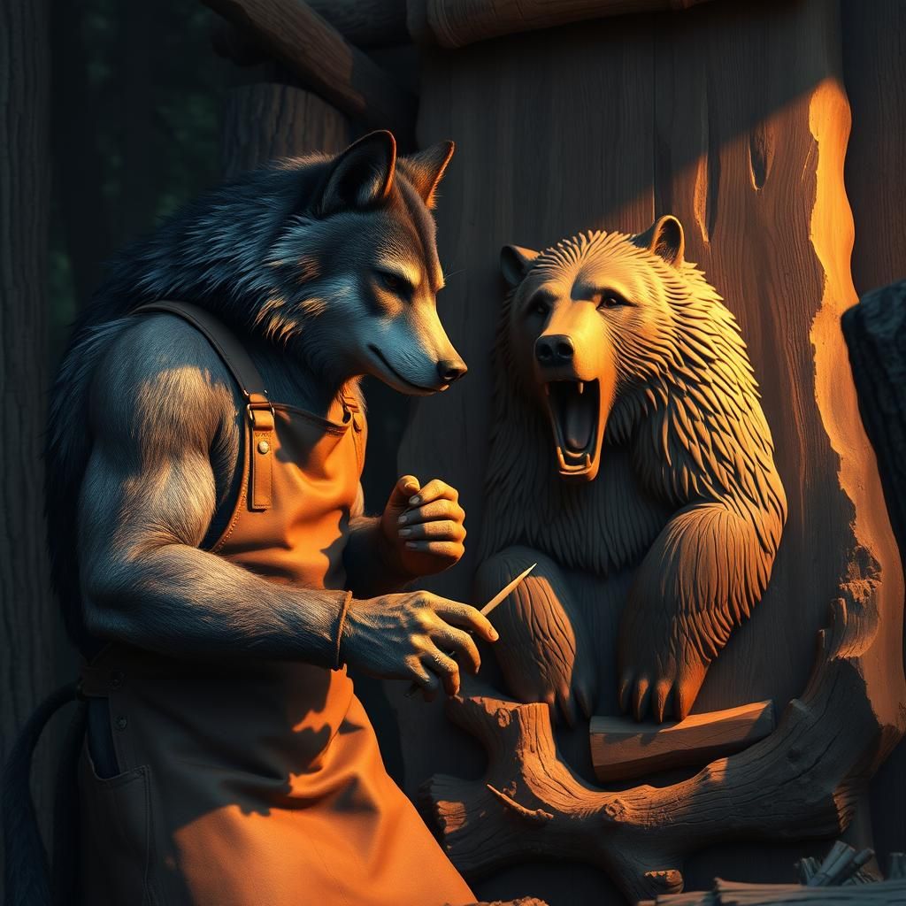 Wolf Crafts Grizzly Wood Carving in Forest Dawn