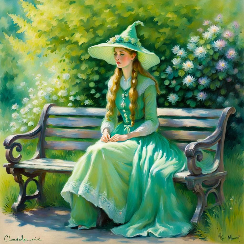 Green Elf on Bench in Impressionist Style