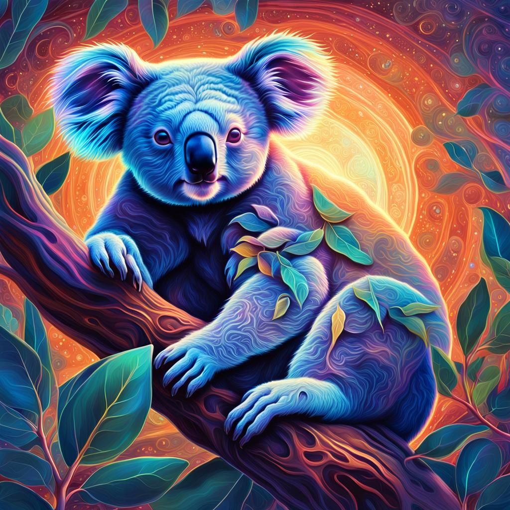 Cosmic Koala in Eucalyptus Tree: Surreal Illustration