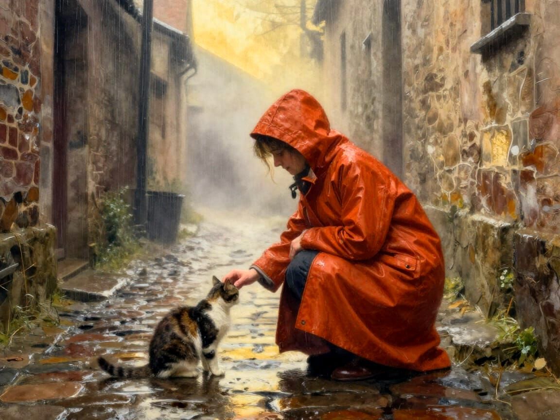 Woman Pets Cat in Rainy Village Alley Watercolor