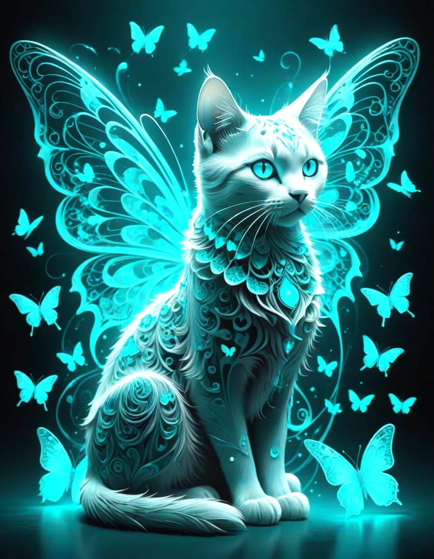 Ethereal Turquoise Cat with Filigree Pattern