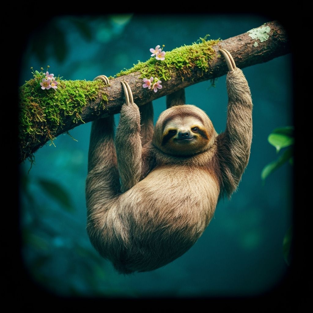 Sloth Hanging from Mossy Tree Branch in Cinematic Light