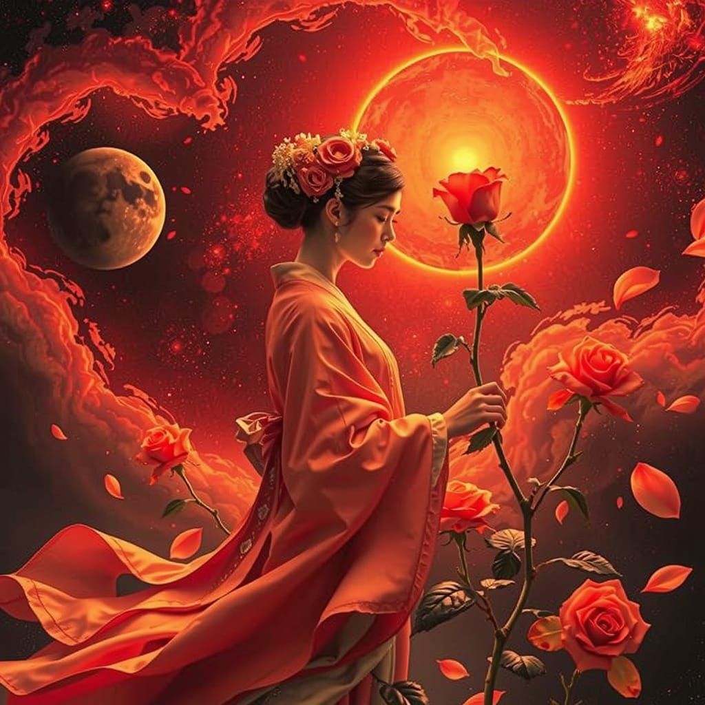 Rose Goddess Amidst Cosmic Garden
