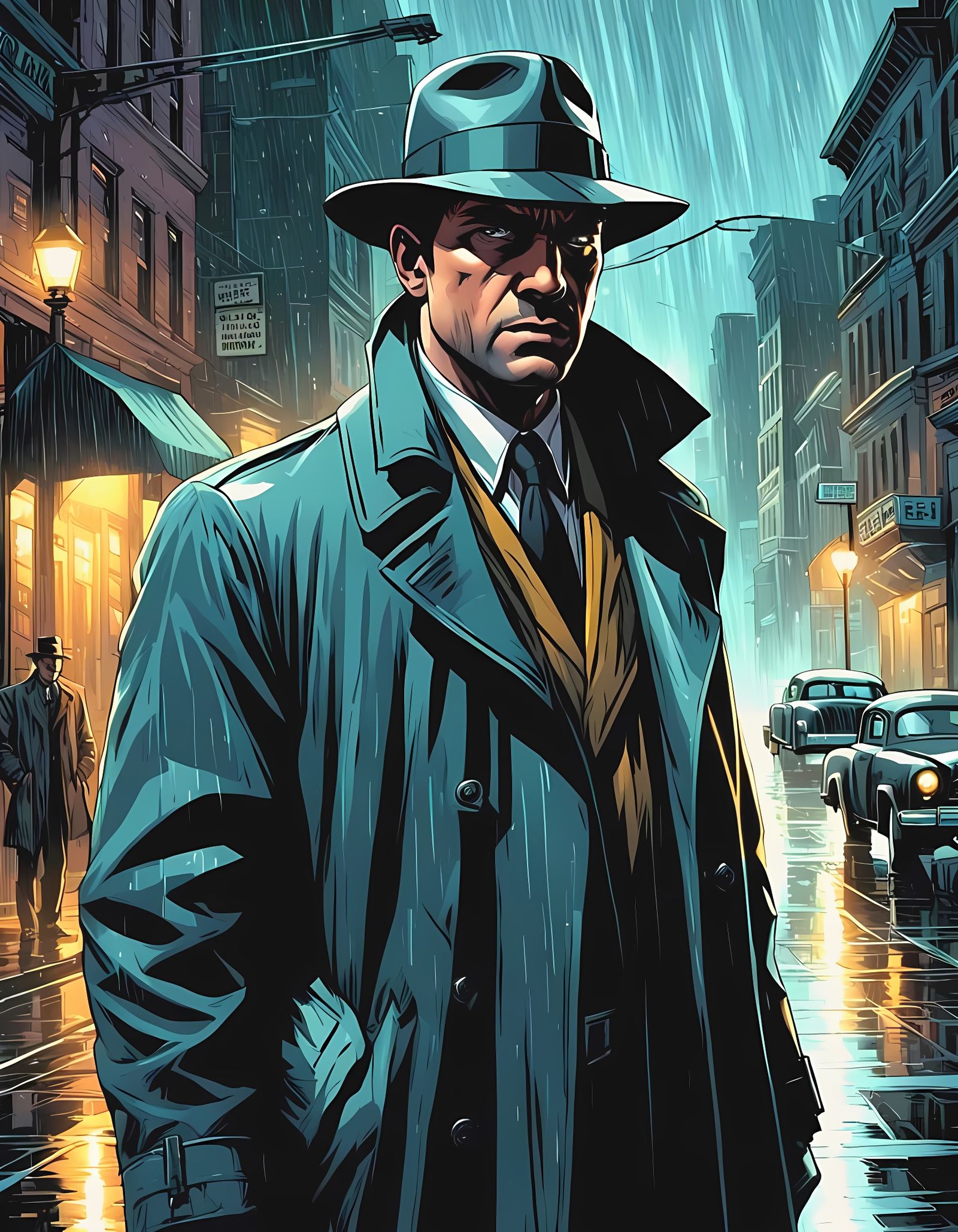 Detective Solving Mystery in Noir Town, Vintage Cartoon Styl...