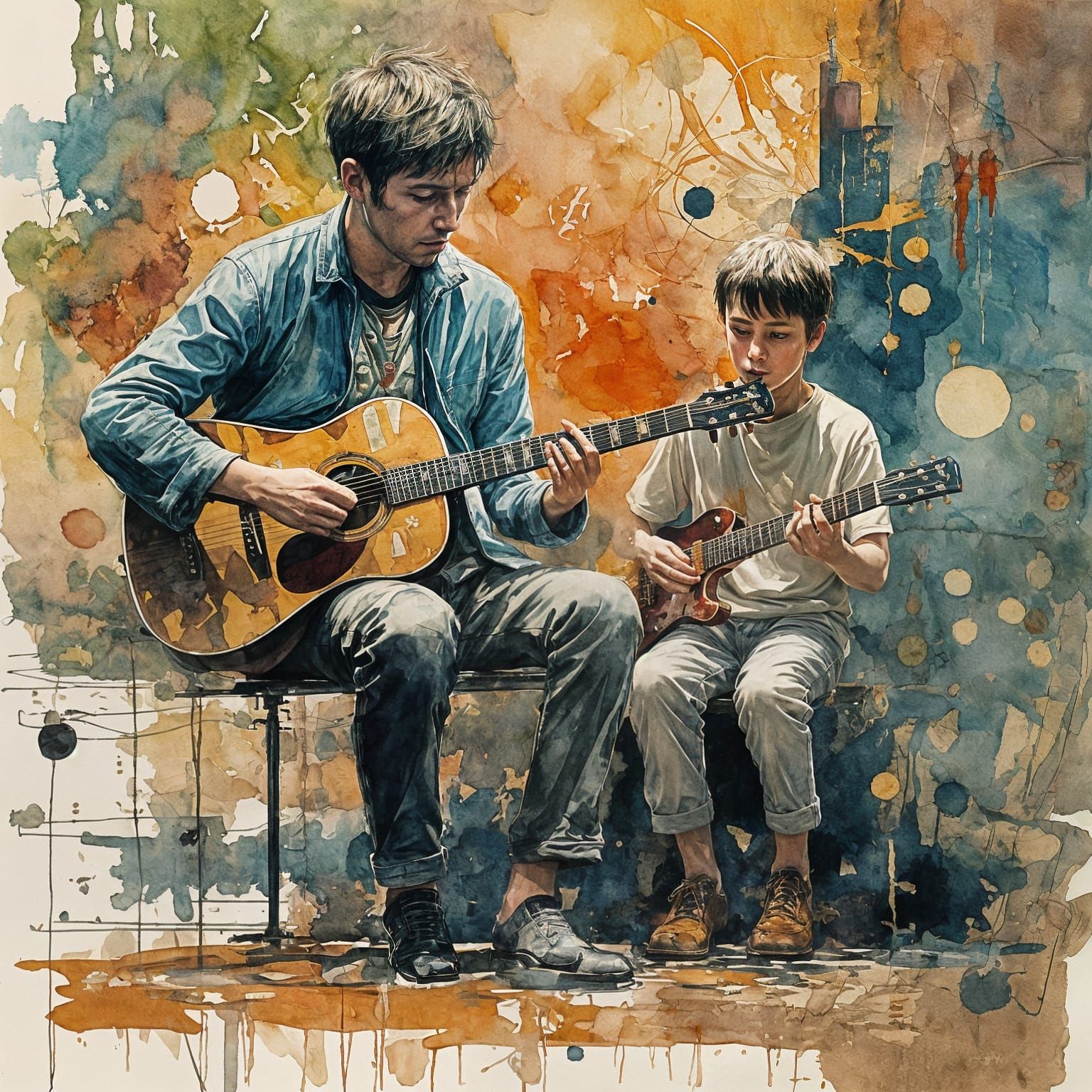 Father and Son Guitar Lesson in Gouache Style