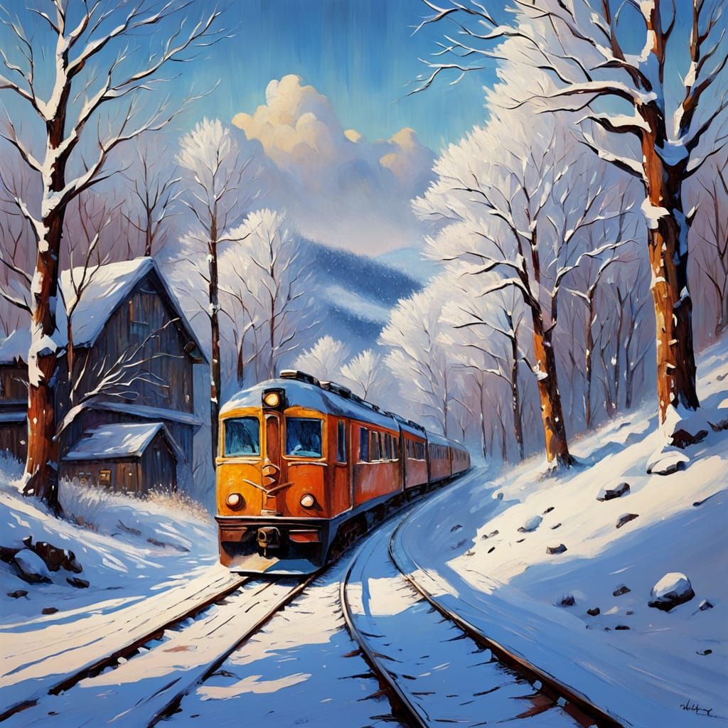 Rustic Train on Snowy Track in Vibrant Impasto Style