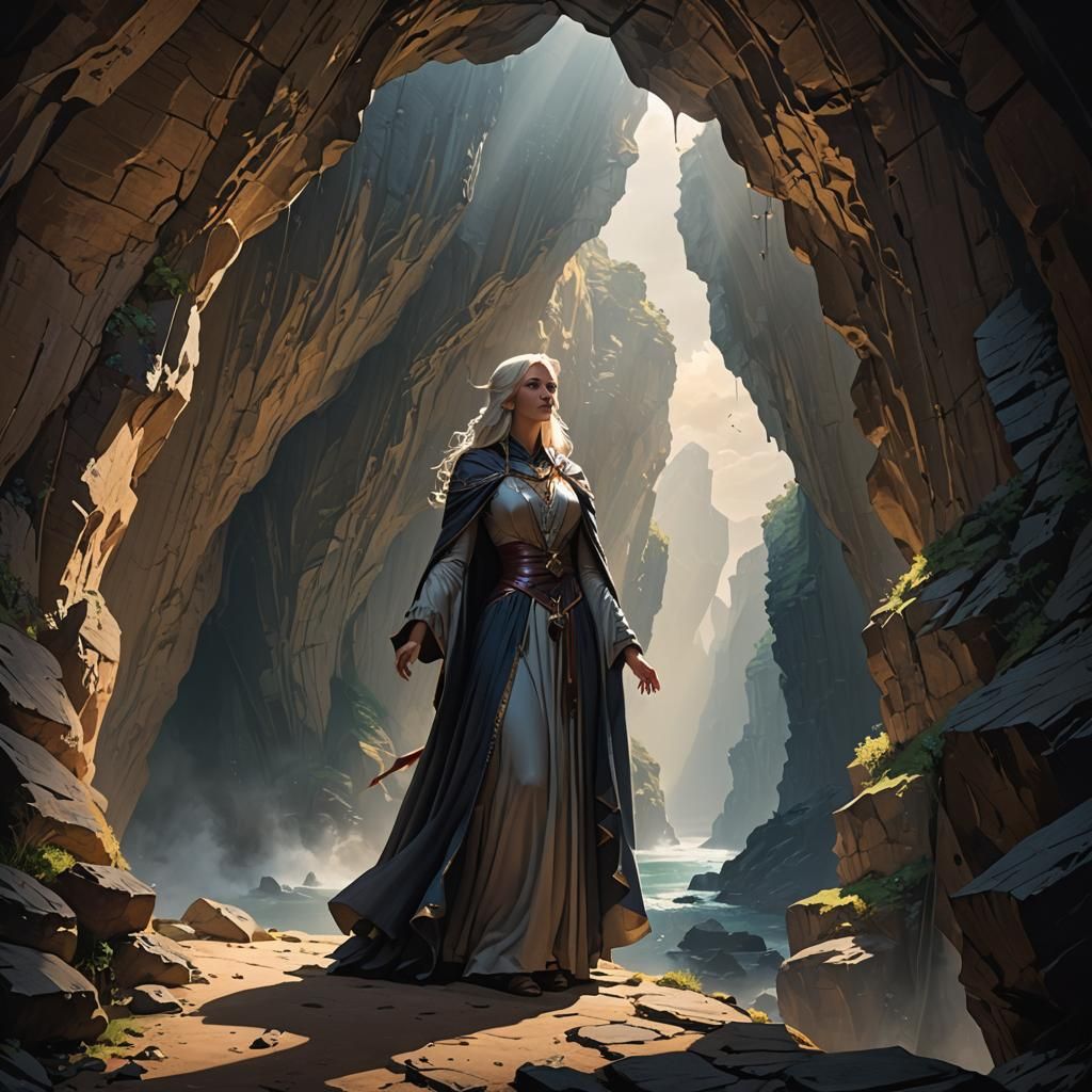 Female Wizard Contemplates Cliff Edge, Digital Art