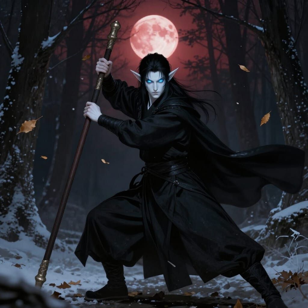 Elf Monk in Snowy Forest with Bo Staff