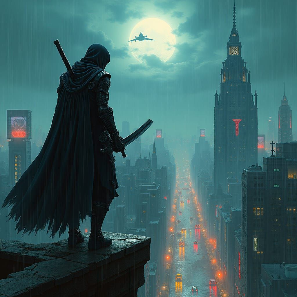 Gothic Cyborg Ninja in Cyberpunk Cityscape
