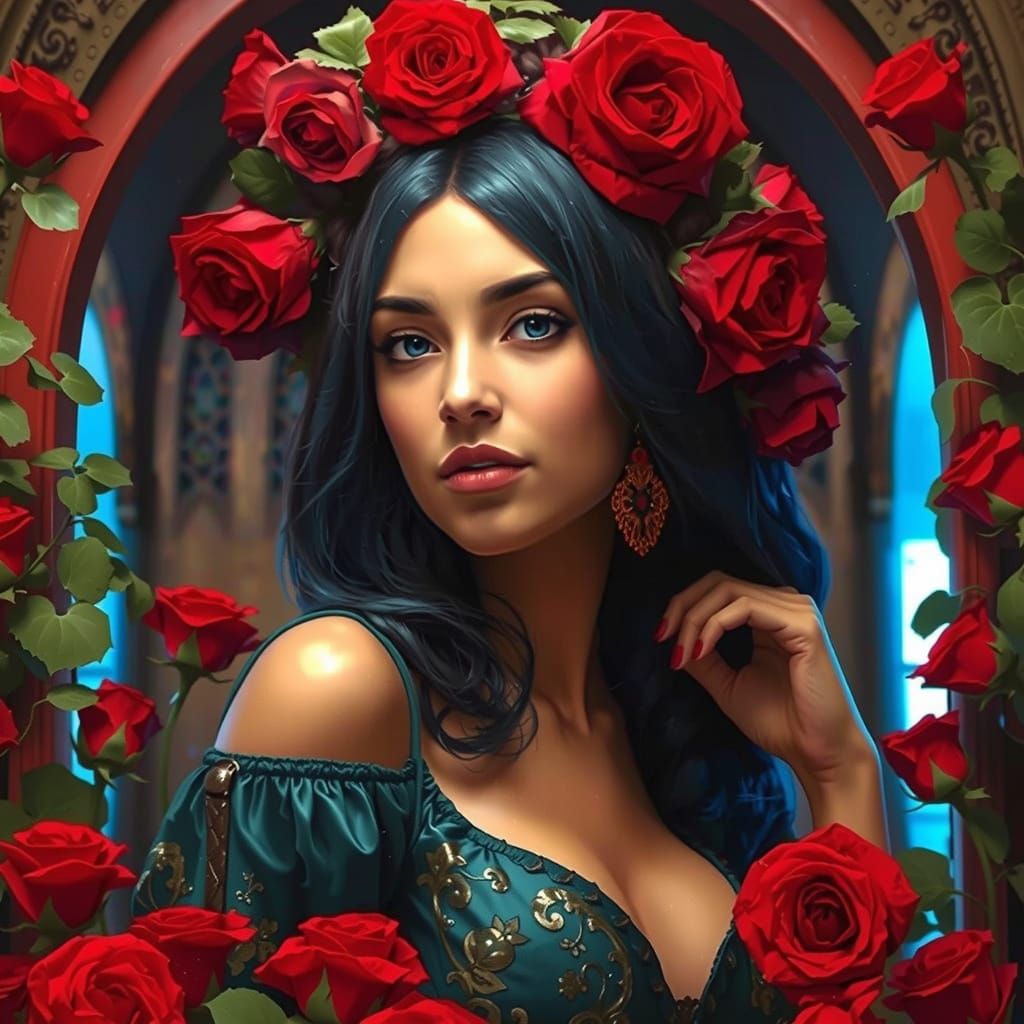 Elegant Woman in Vibrant Blue Hair and Red Roses, Art Nouvea...