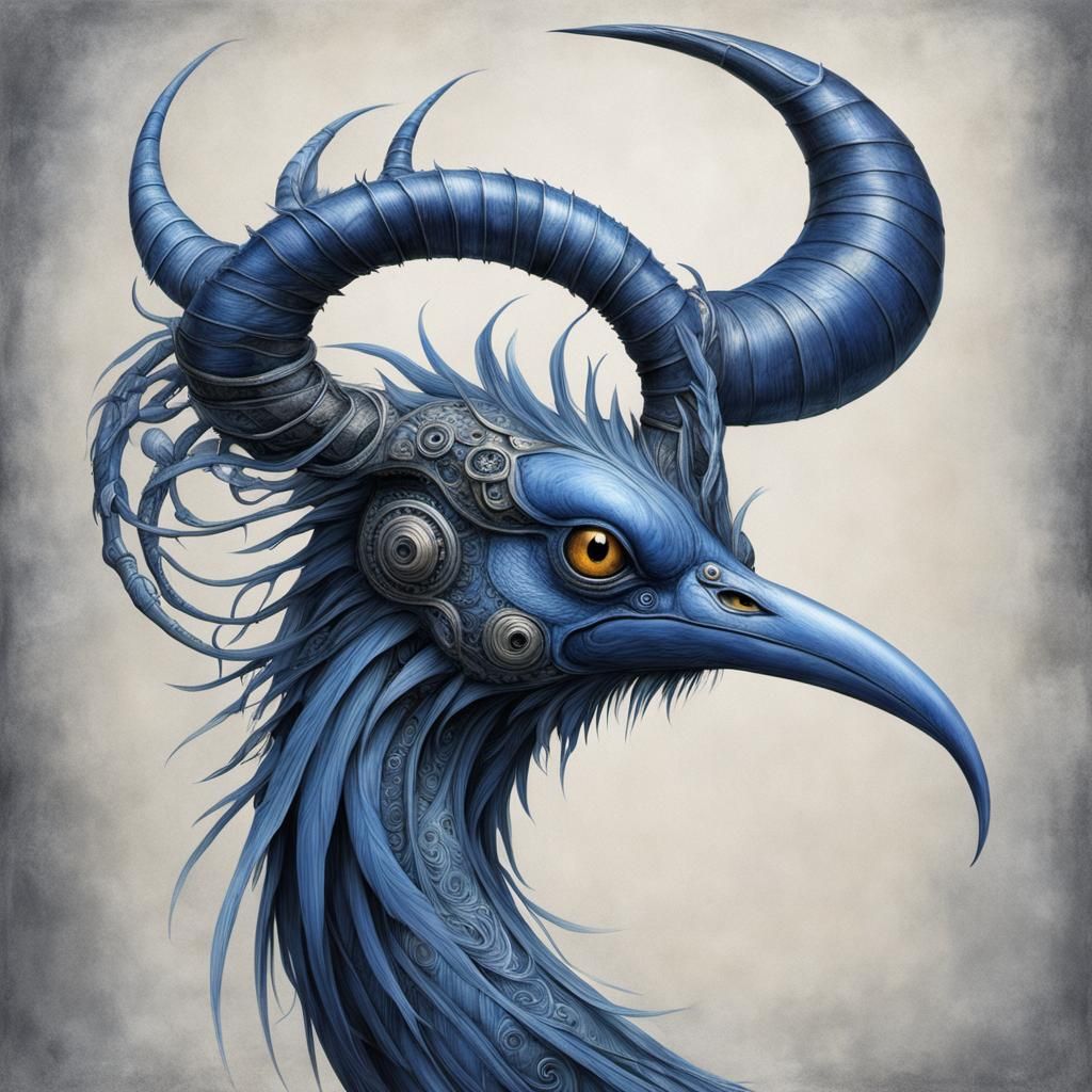 Biomechanical Blue Bird with Twisted Horns