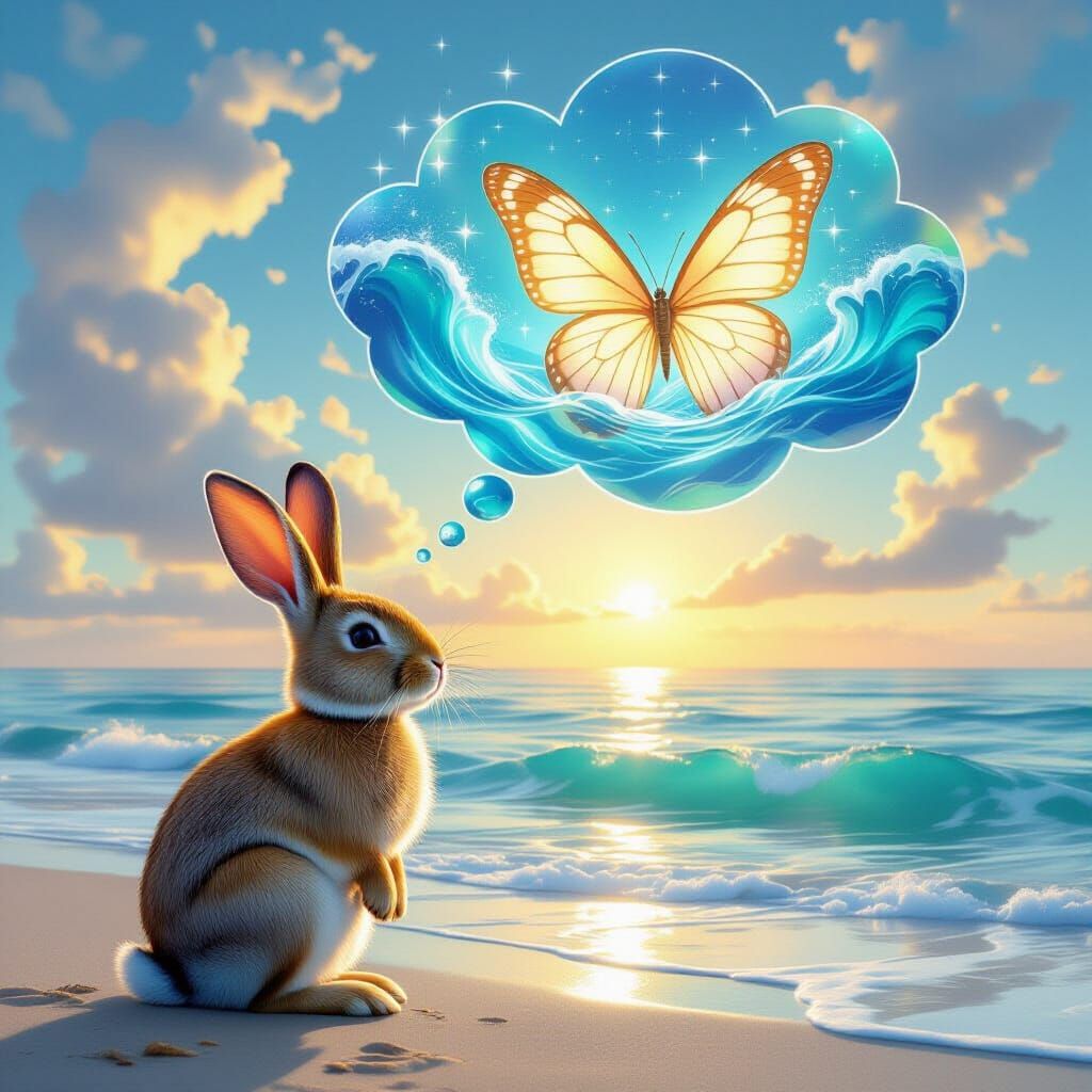 Surreal Rabbit's Dream: Butterfly in Shimmering Ocean