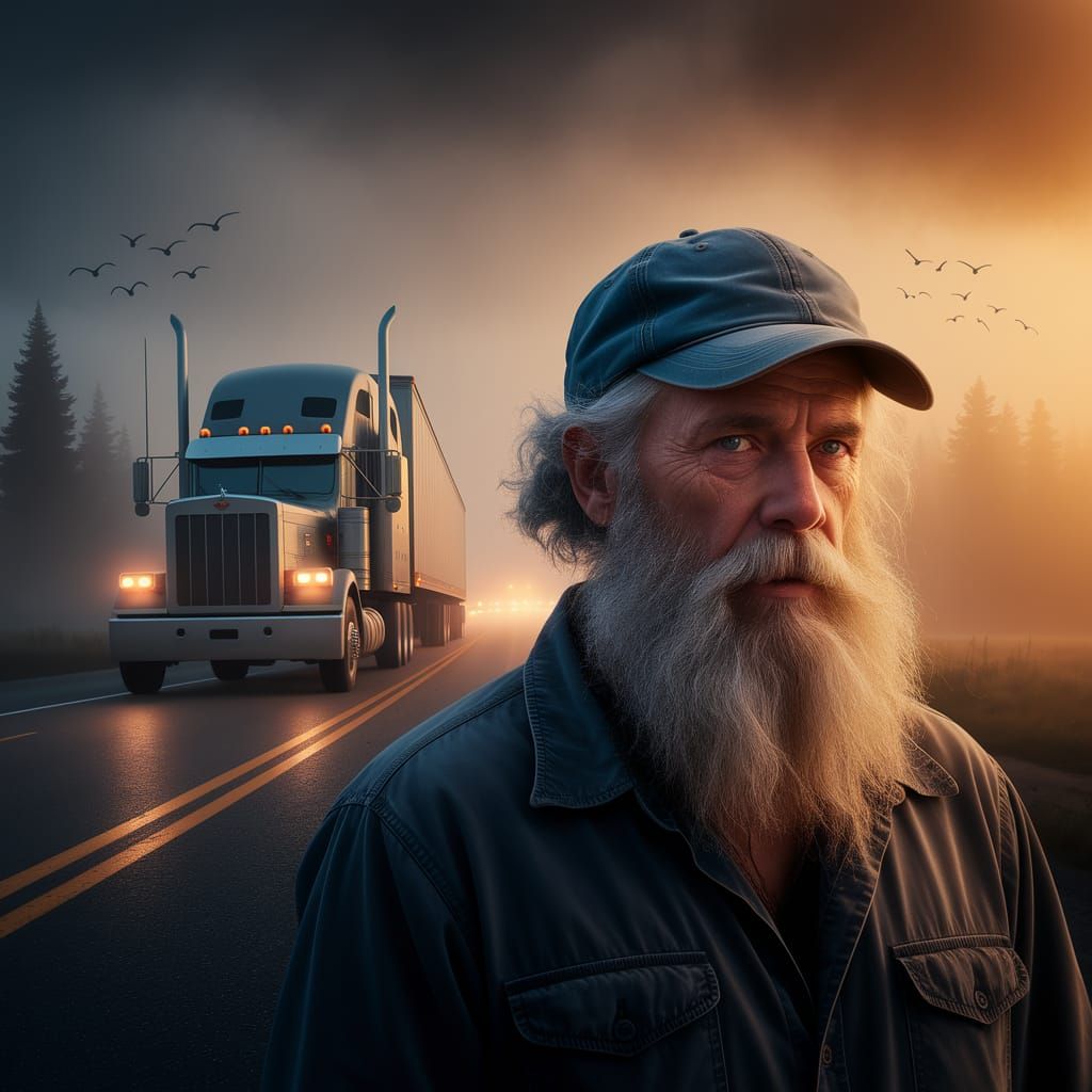 Nostalgic Image of Old Man and Vintage Trucks