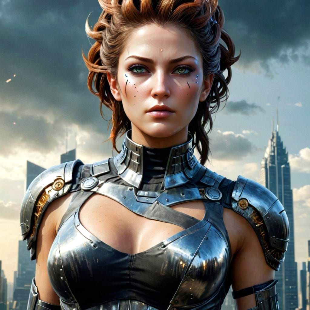 Futuristic Woman in Cyberpunk Cityscape