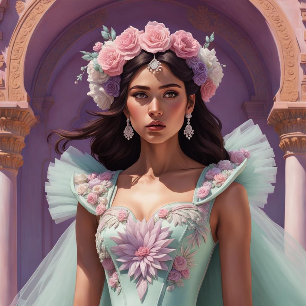 Teenage Girl in Floral Gown, Ethereal Fantasy Portrait