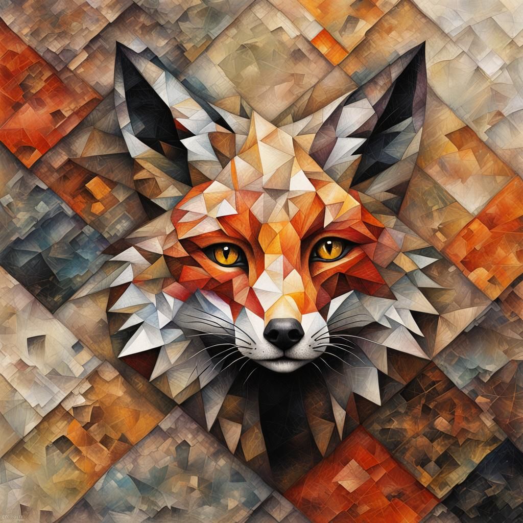Fox Head Portrait in Patchwork Oil Painting Style
