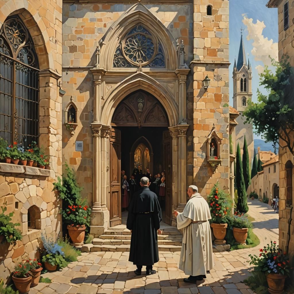 Gothic Church in Provence: Oil Painting of Parishioners