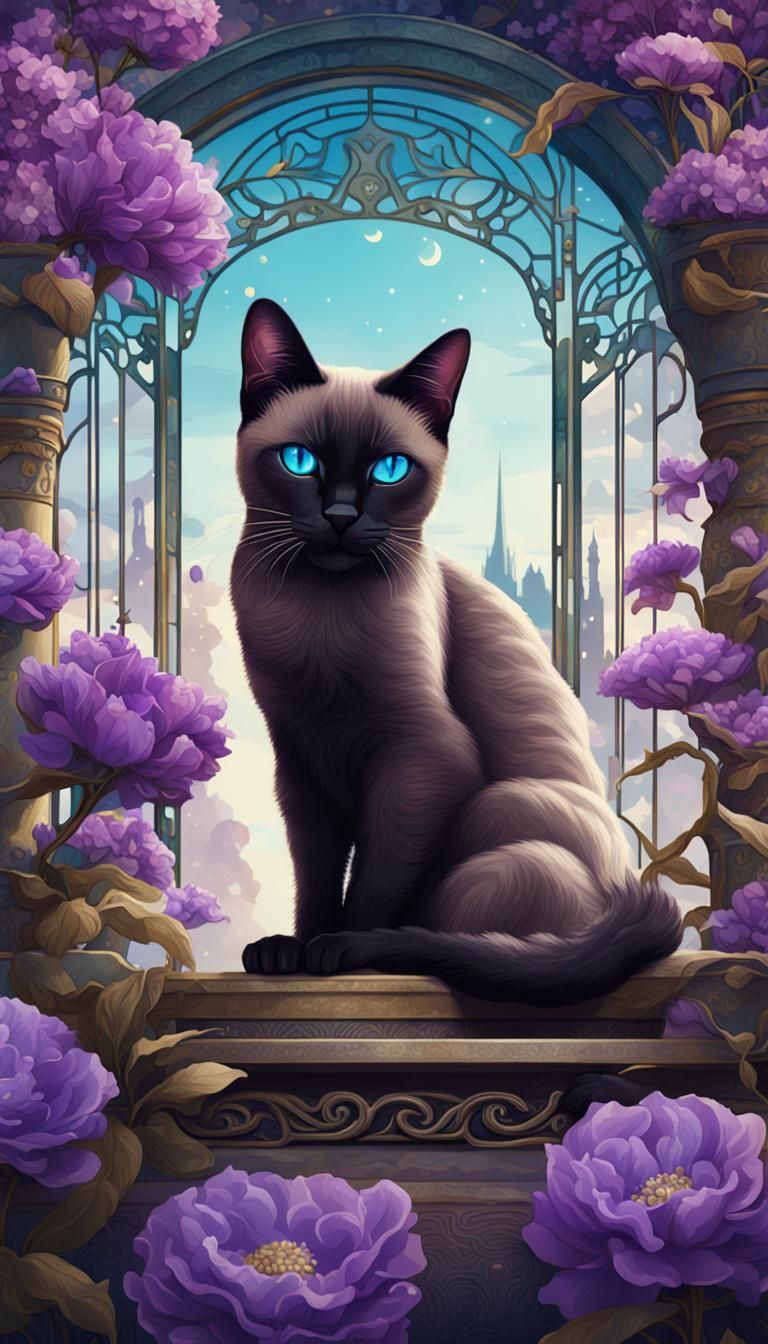 Siamese Cat and Purple Flowers in Art Nouveau Style