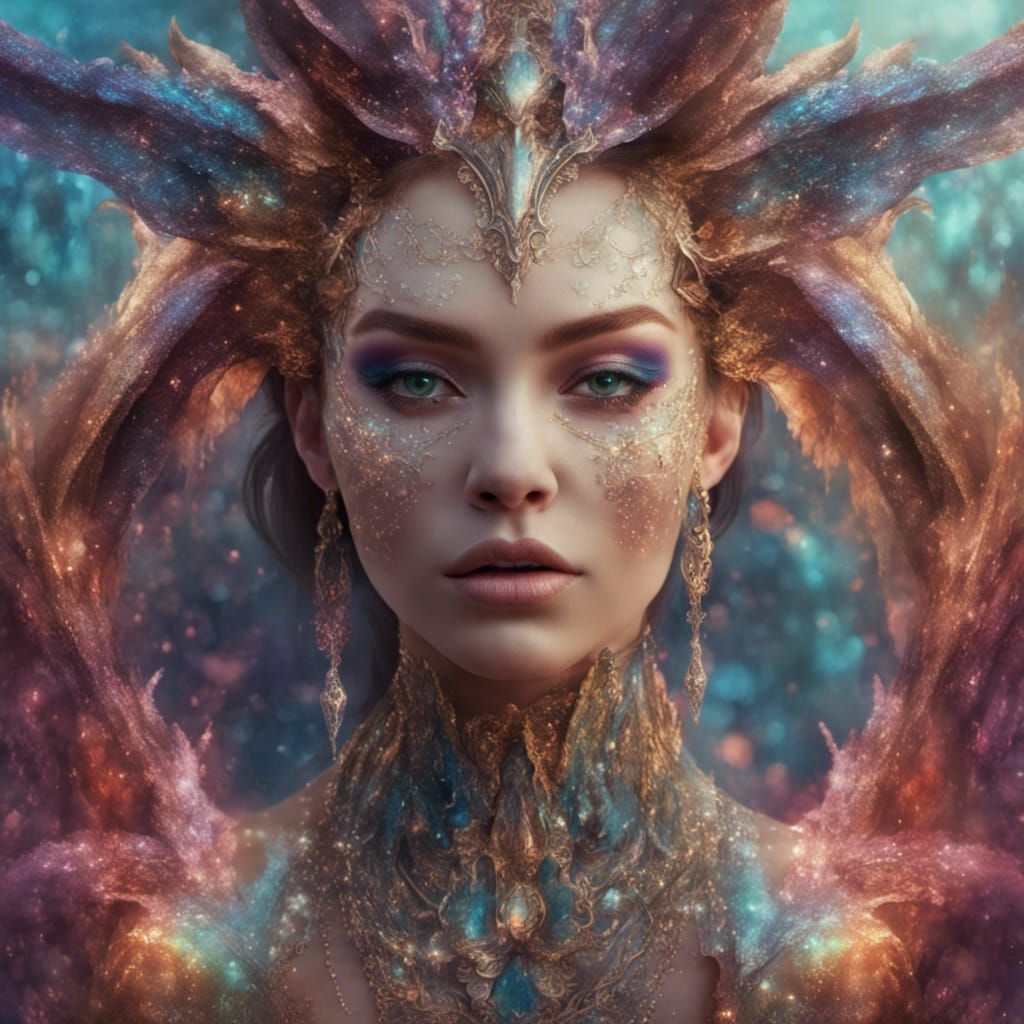 a fantasy-inspired scene with a woman wearing enchanting opalescent glitter makeup that mirrors the shimmering scales of...