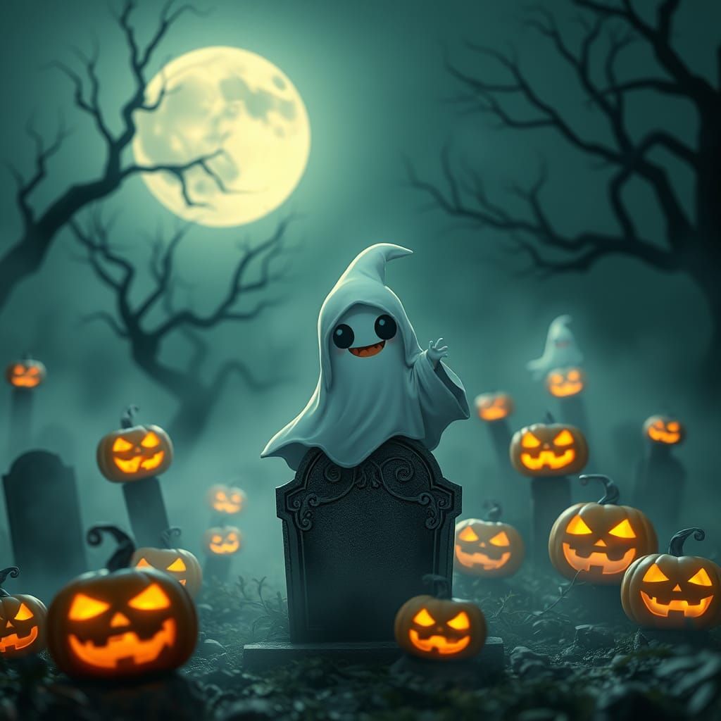 Chibi Ghost Rises in Graveyard with Jack-o-Lanterns