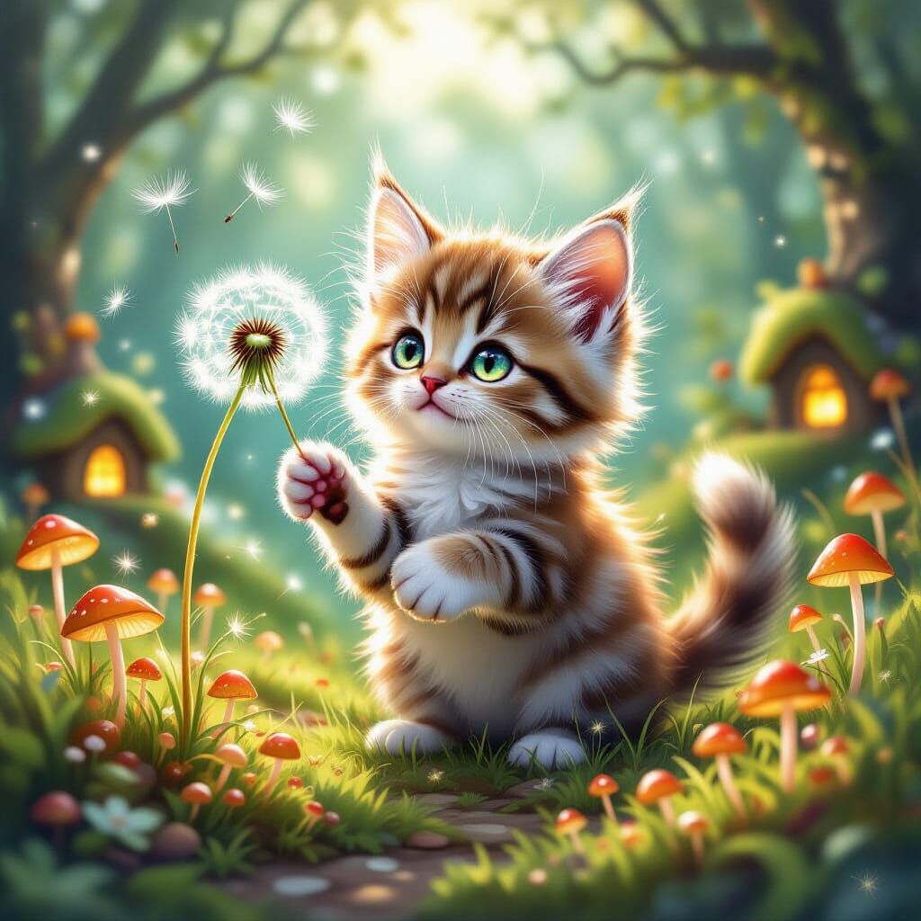 Whimsical Kitten Batting Enchanted Dandelion Seed in Fae Gla...
