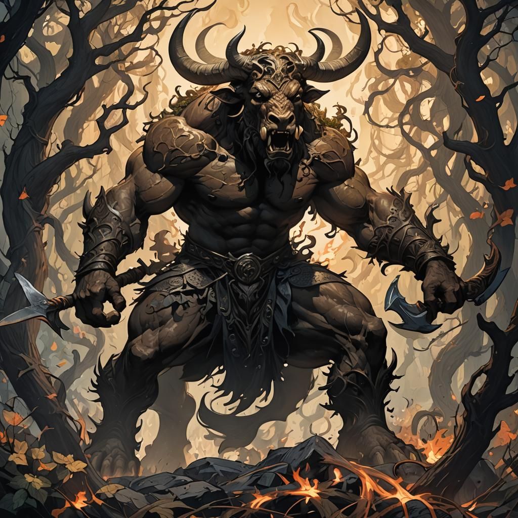 Courageous Minotaur in Dark Fantasy Art Nouveau Style